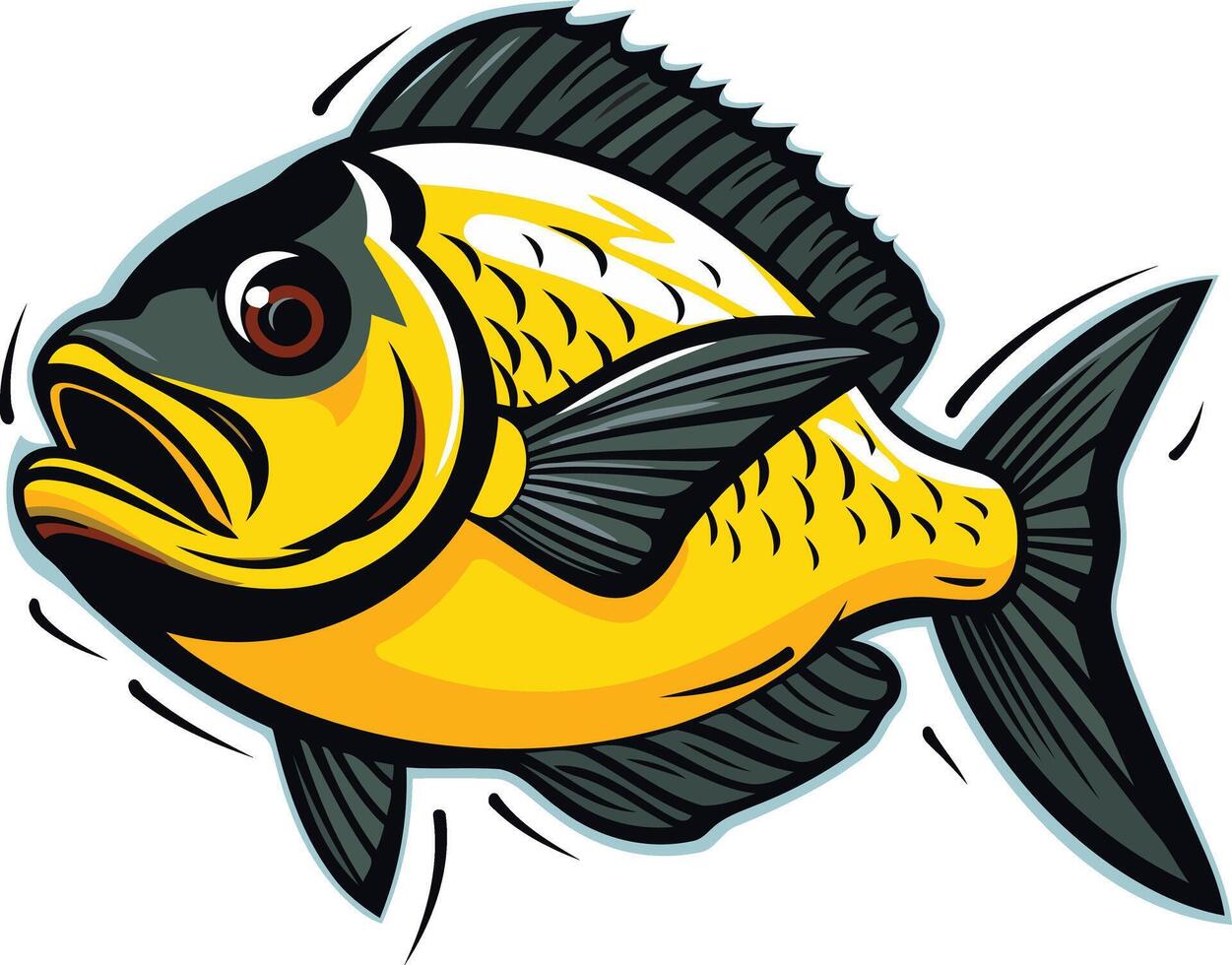 A bold and cartoonish illustration of a yellow fish with black fins, perfect for logos, branding, and graphic design projects vector