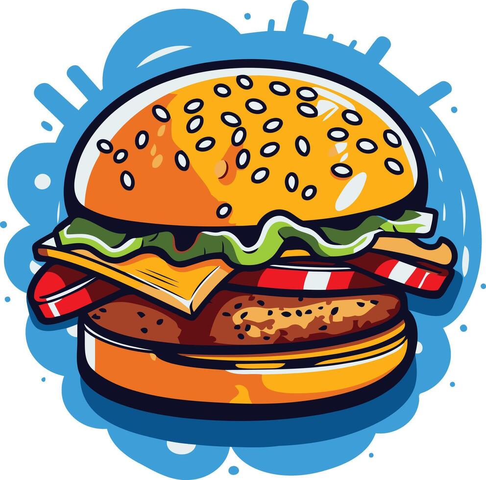 A delicious, cartoon-style burger with bright colors and bold lines vector