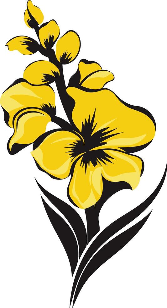 A stylized yellow flower with black stems and leaves vector