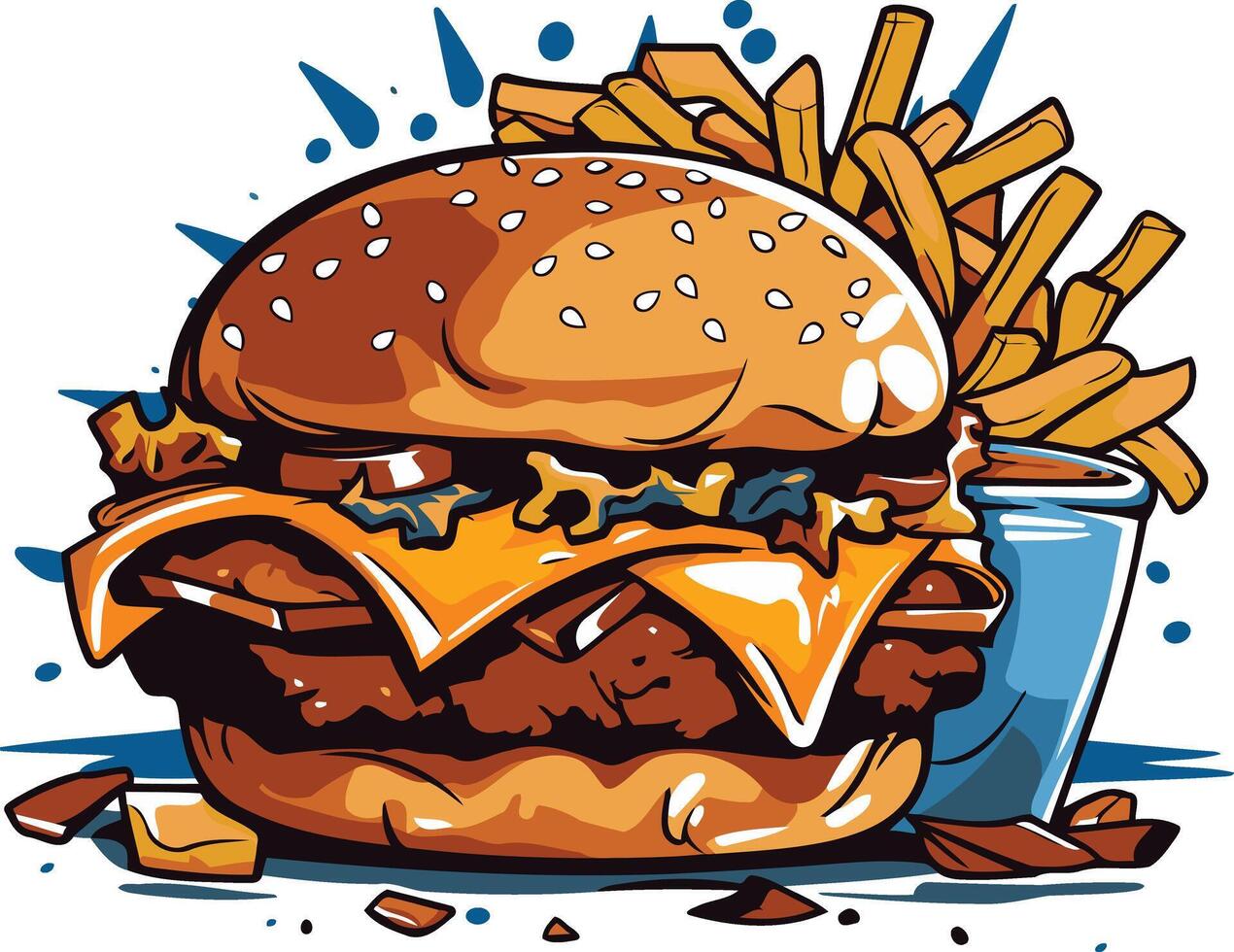 A juicy, cartoon-style burger with melted cheese, lettuce, and a side of fries vector