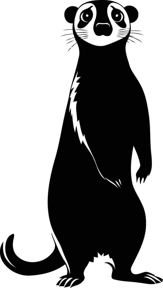 Black and white silhouette of a curious meerkat standing upright on its hind legs vector