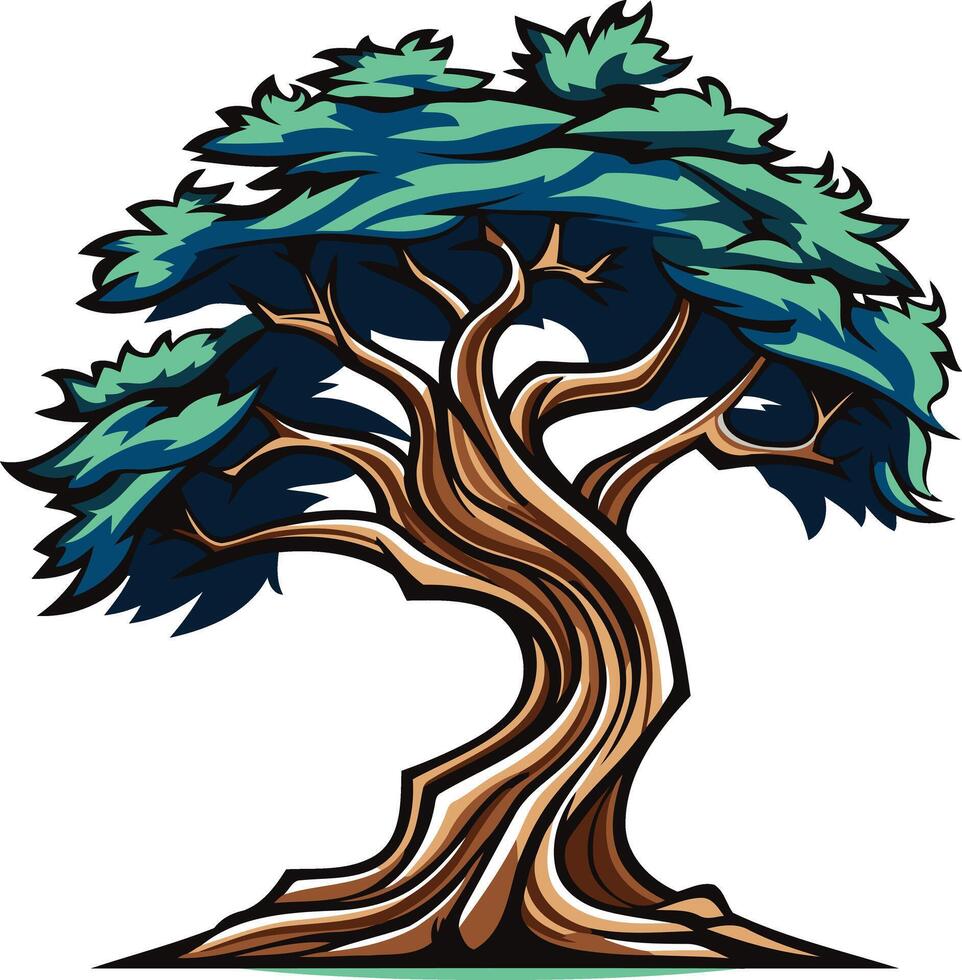A stylized illustration of a twisted, gnarled tree with deep roots and lush green foliage, perfect for branding, logos, or nature-themed designs vector