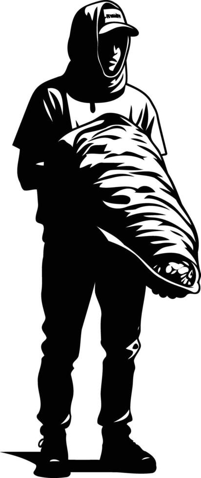 A stark silhouette of a hooded man holding a large, mysterious object in his arms vector