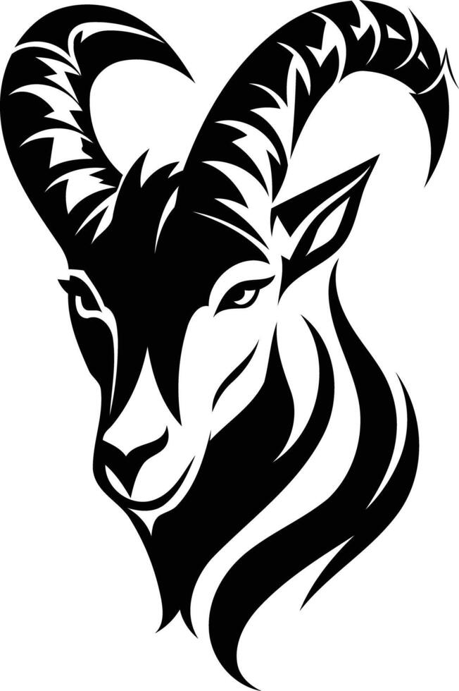 Black and white illustration of a stylized mountain goat head, perfect for tattoos, logos, and design projects vector