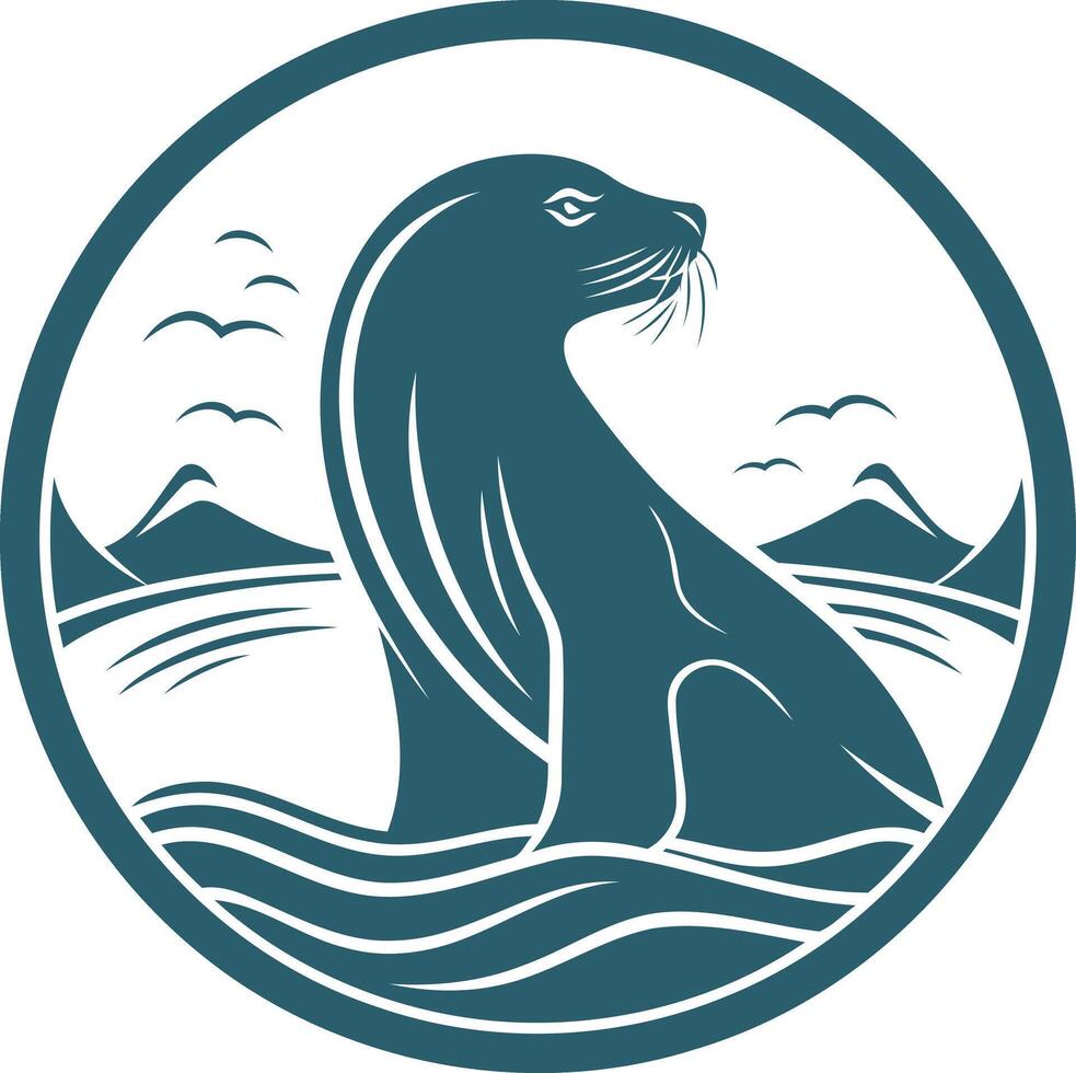 A stylized sea lion emerges from the waves in this circular logo design vector