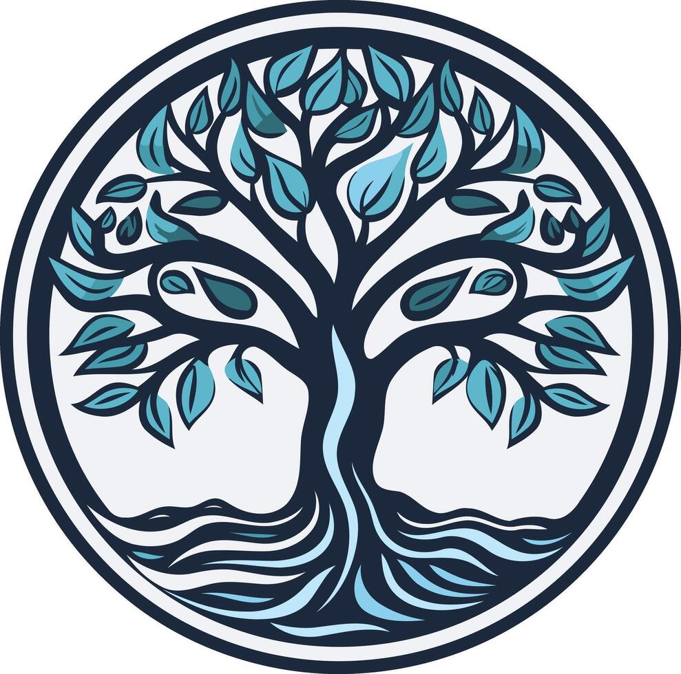 A stylized tree of life logo, with a circular frame and blue leaves and roots vector