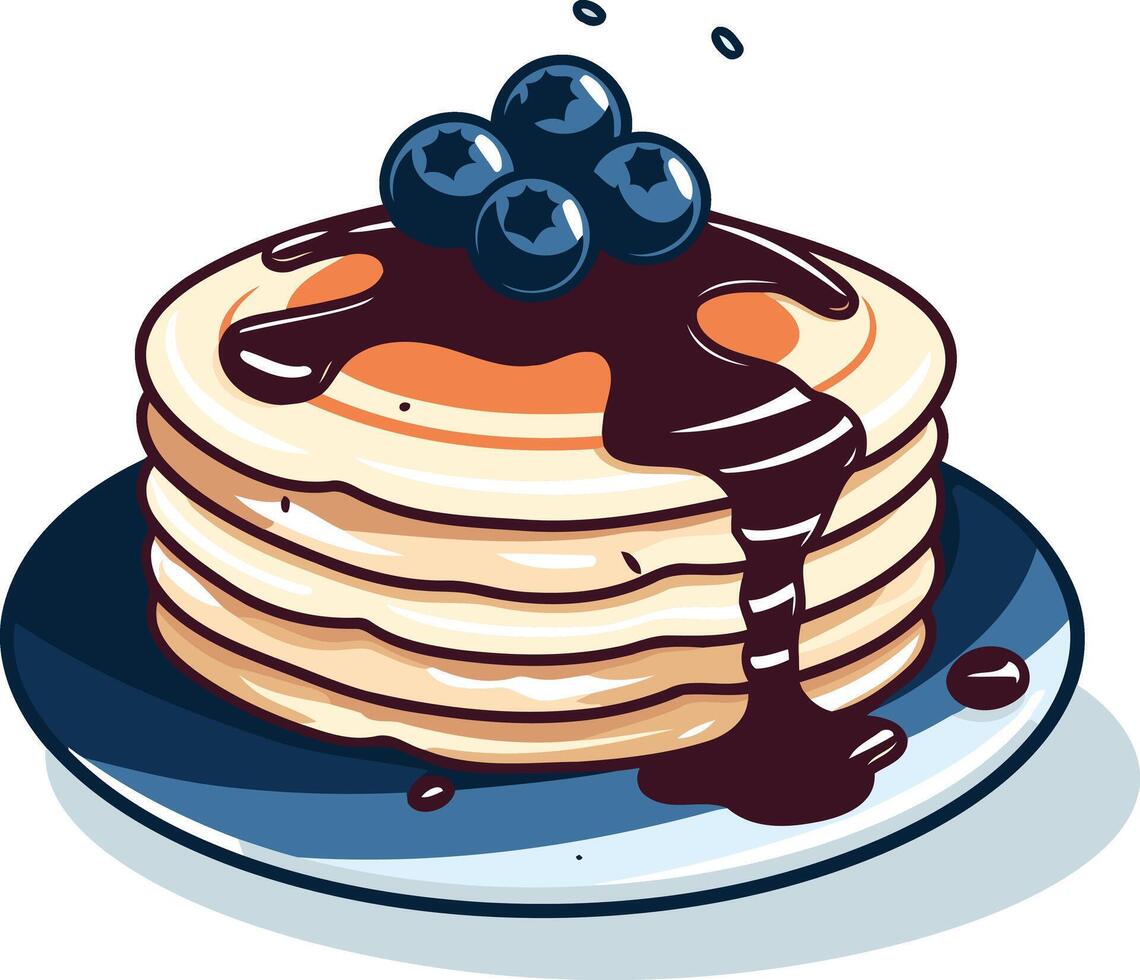 A stack of fluffy pancakes drizzled with chocolate sauce and topped with blueberries vector