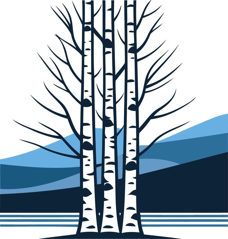 A minimalist design of three birch trees standing tall against a stylized landscape of mountains and water vector