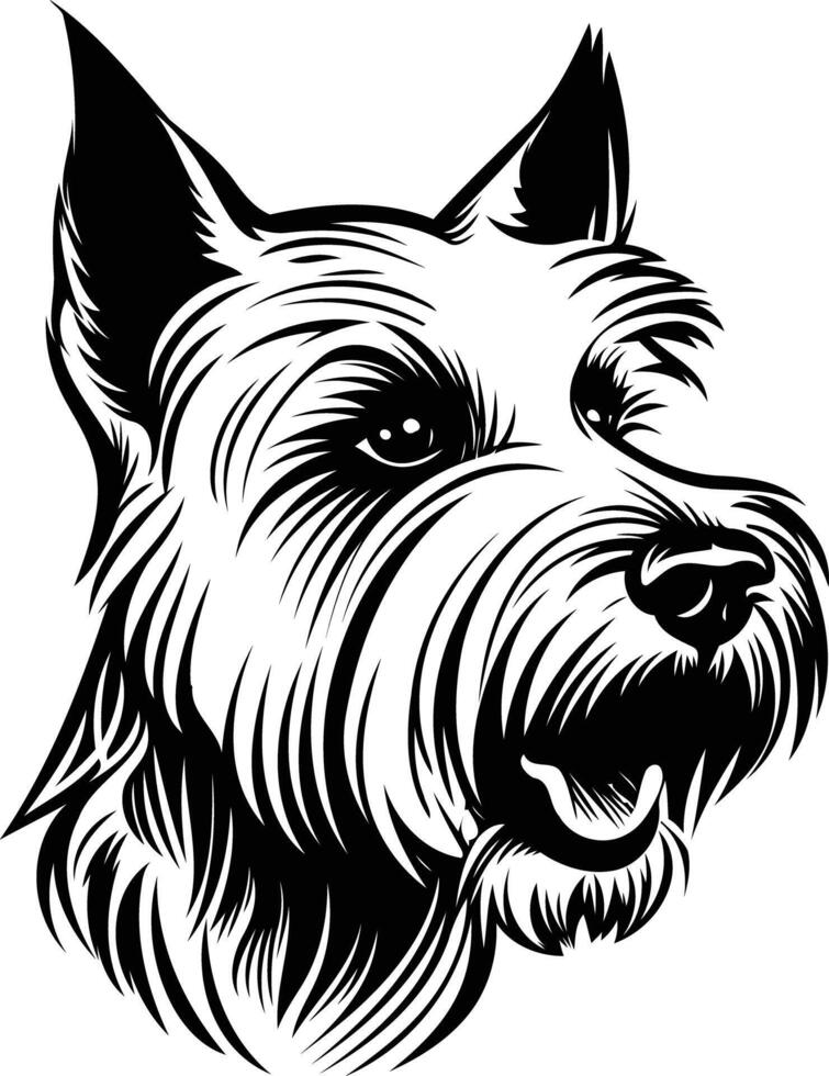 A striking black and white illustration of a terrier's head, showcasing detailed fur and a playful expression vector