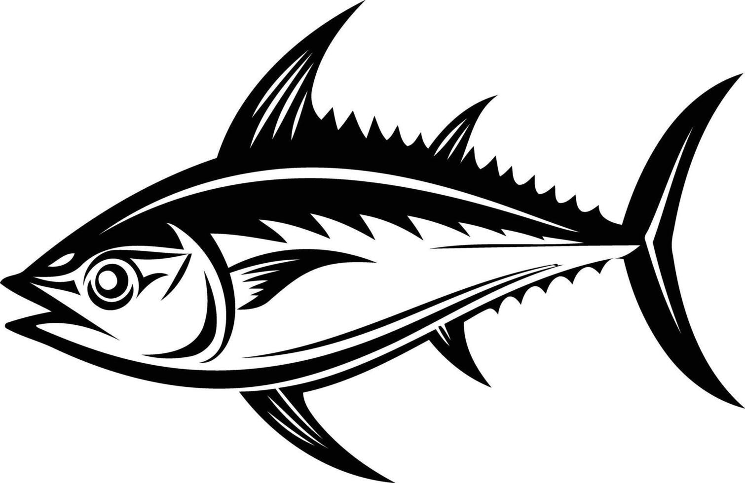 A bold black and white illustration of a tuna fish, perfect for branding, logos, and designs related to seafood, fishing, and the ocean vector