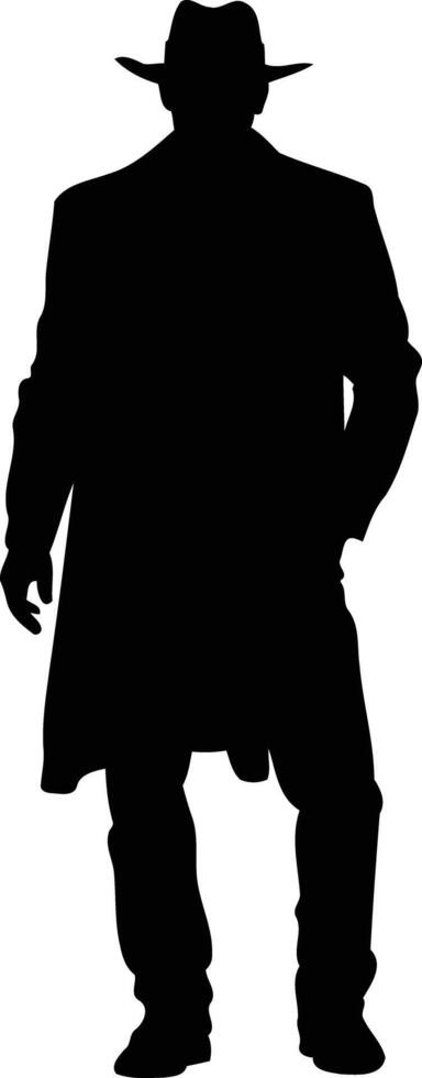 Silhouette of a man in a coat and fedora, perfect for mystery, noir, or detective-themed projects vector