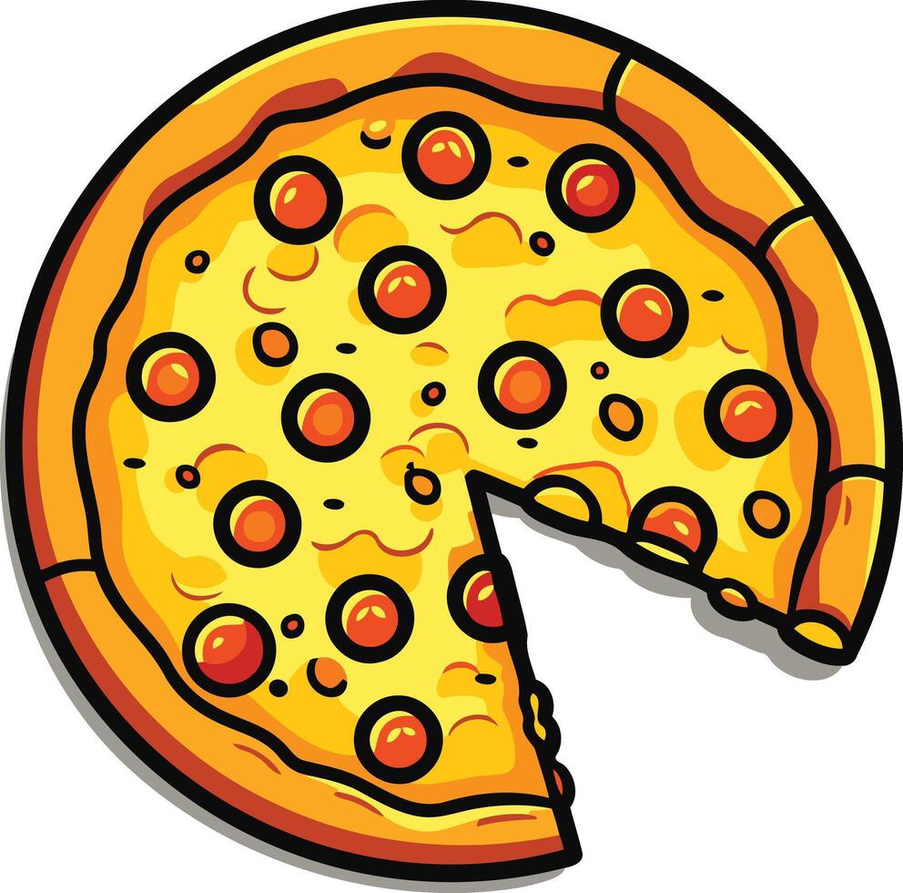 A cheerful cartoon pizza with a slice missing, perfect for illustrating menus, food blogs, or playful designs vector