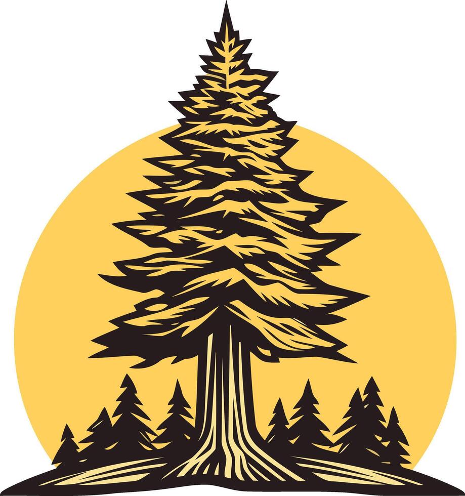 A majestic pine tree with a thick trunk stands tall against a yellow sunset, symbolizing strength, resilience, and nature's beauty vector