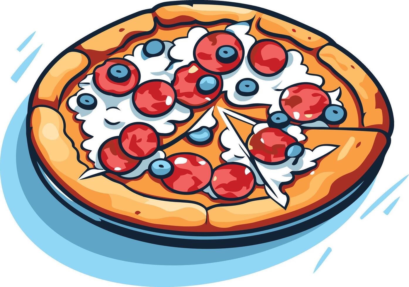 A delicious cartoon pizza with a unique combination of toppings, including pepperoni, blueberries, and cheese vector