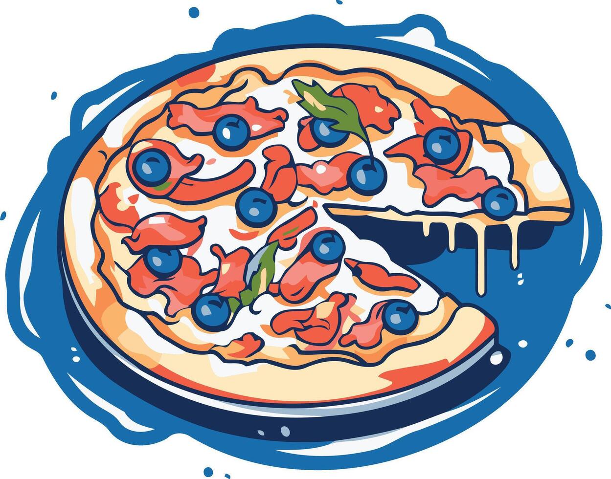 A delicious, cartoon-style pizza with blueberry and bacon toppings, perfect for menus, food blogs, or social media posts vector