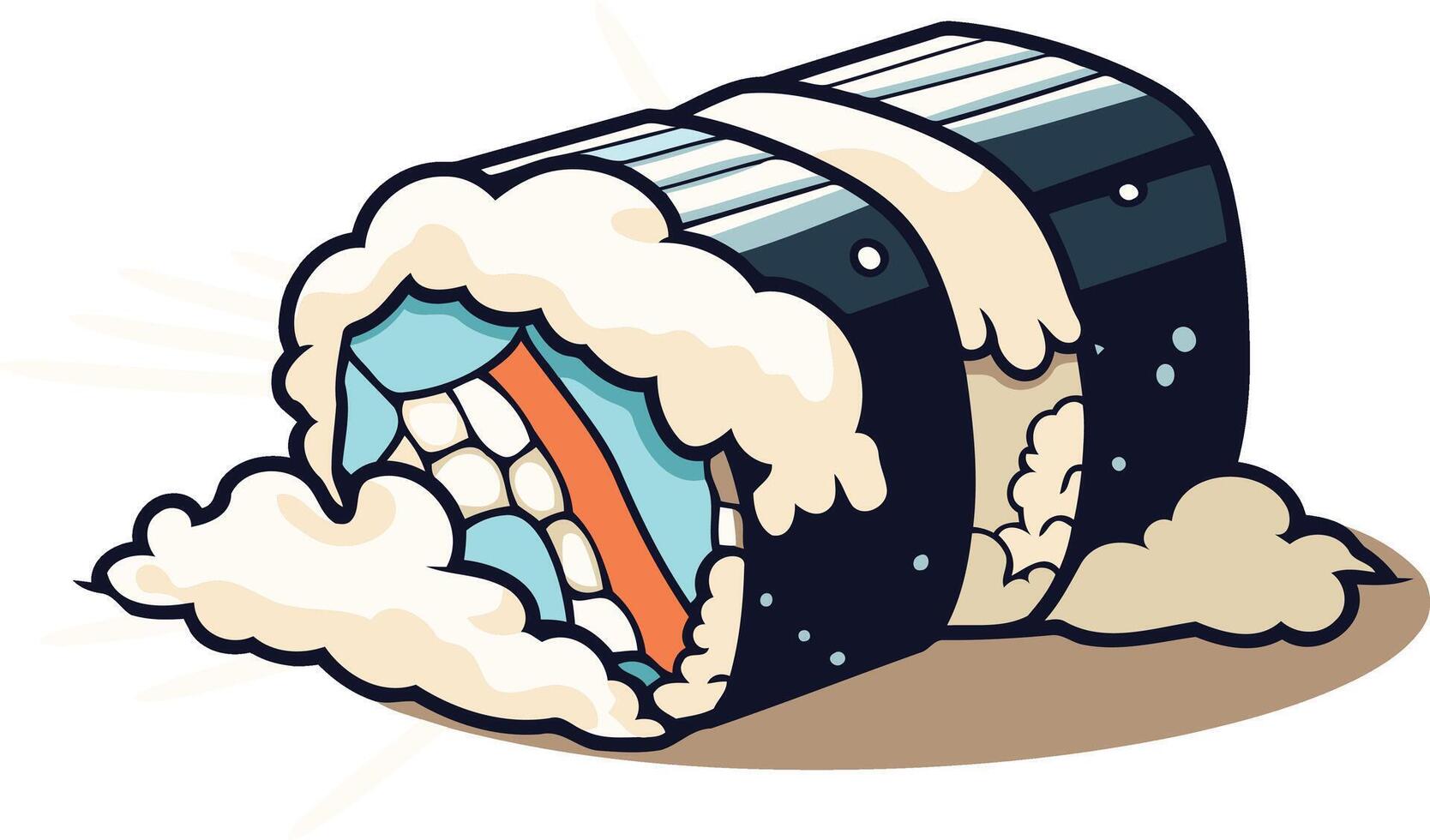Cartoon illustration of a large sushi roll, half-eaten, with a playful expression vector