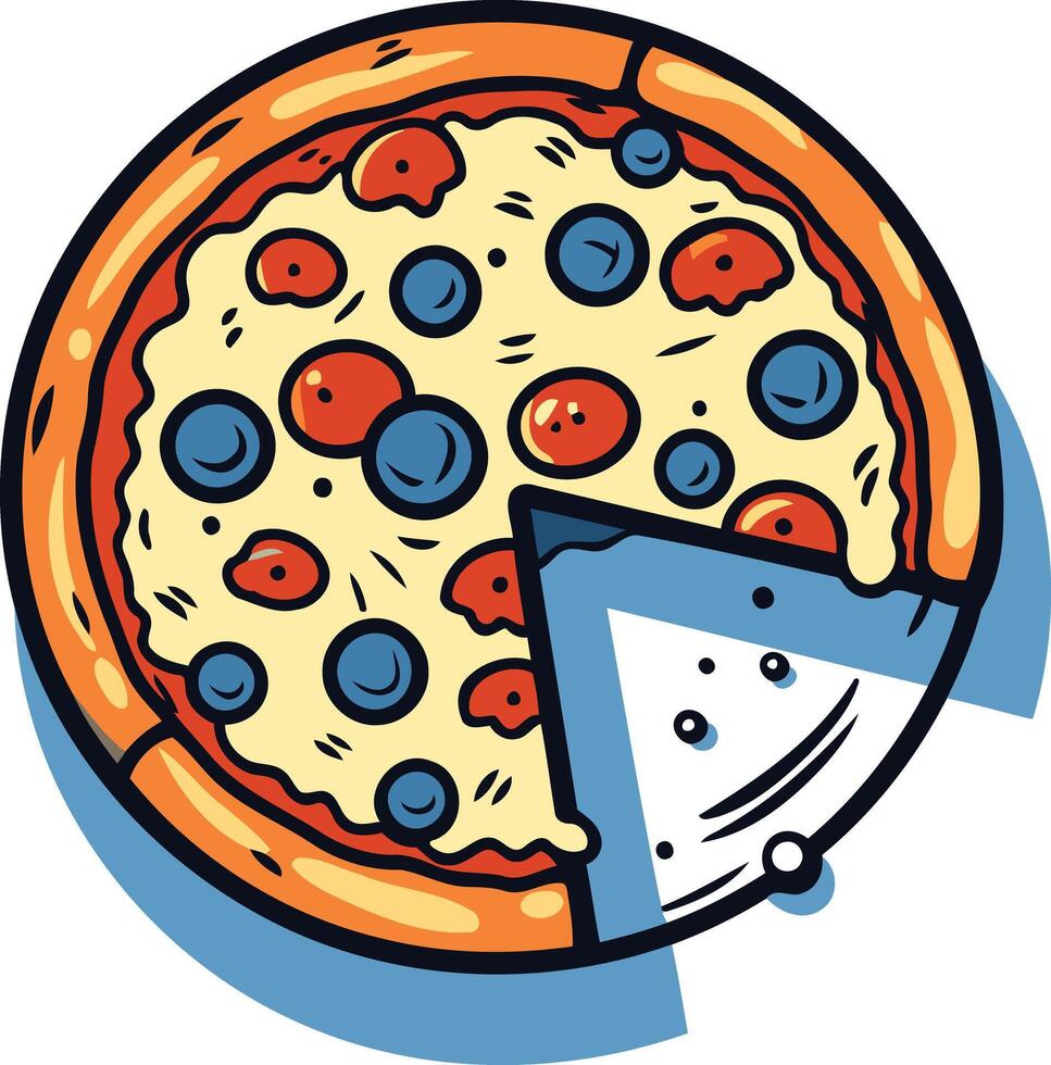 A cartoon illustration of a delicious pizza with a slice missing, perfect for menus, food blogs, and social media vector