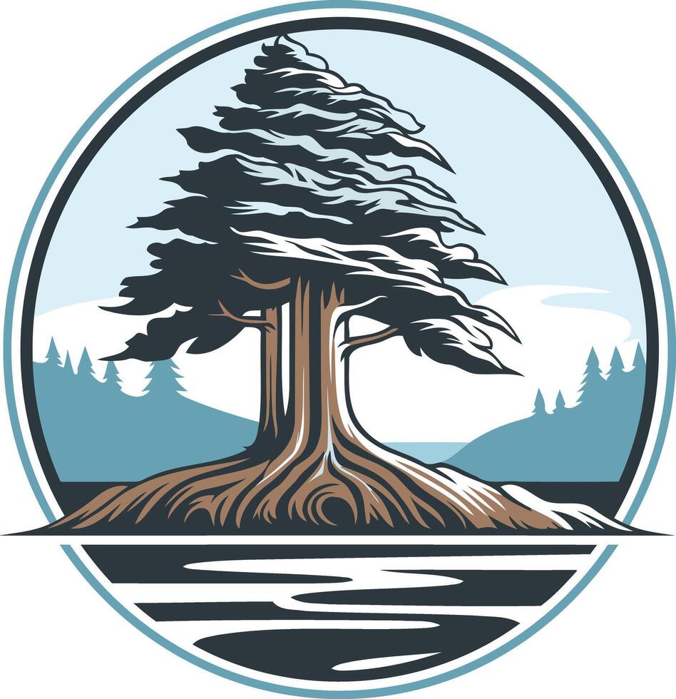 A stylized evergreen tree stands tall within a circular frame, its roots reaching out into a calm body of water vector