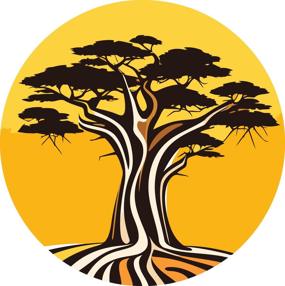 A stylized illustration of a majestic baobab tree against a warm yellow sunset vector