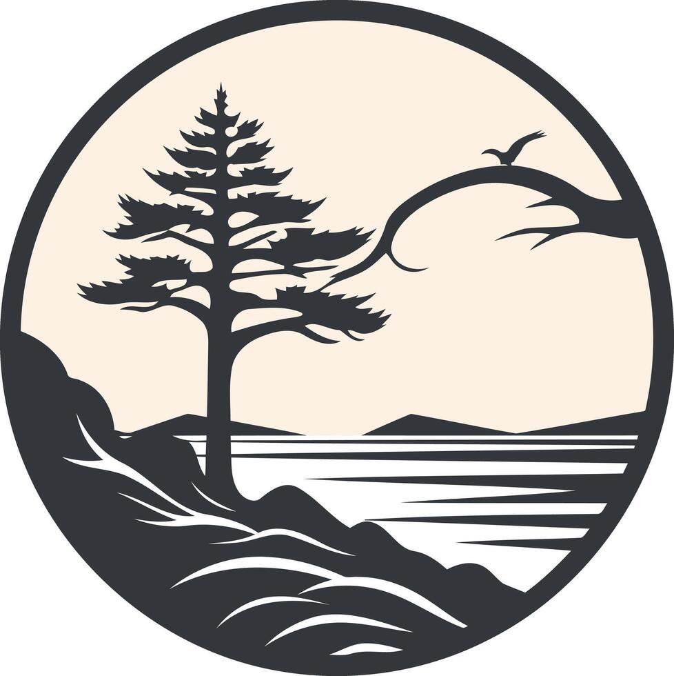 Simple, elegant logo featuring a lone pine tree by a lake vector