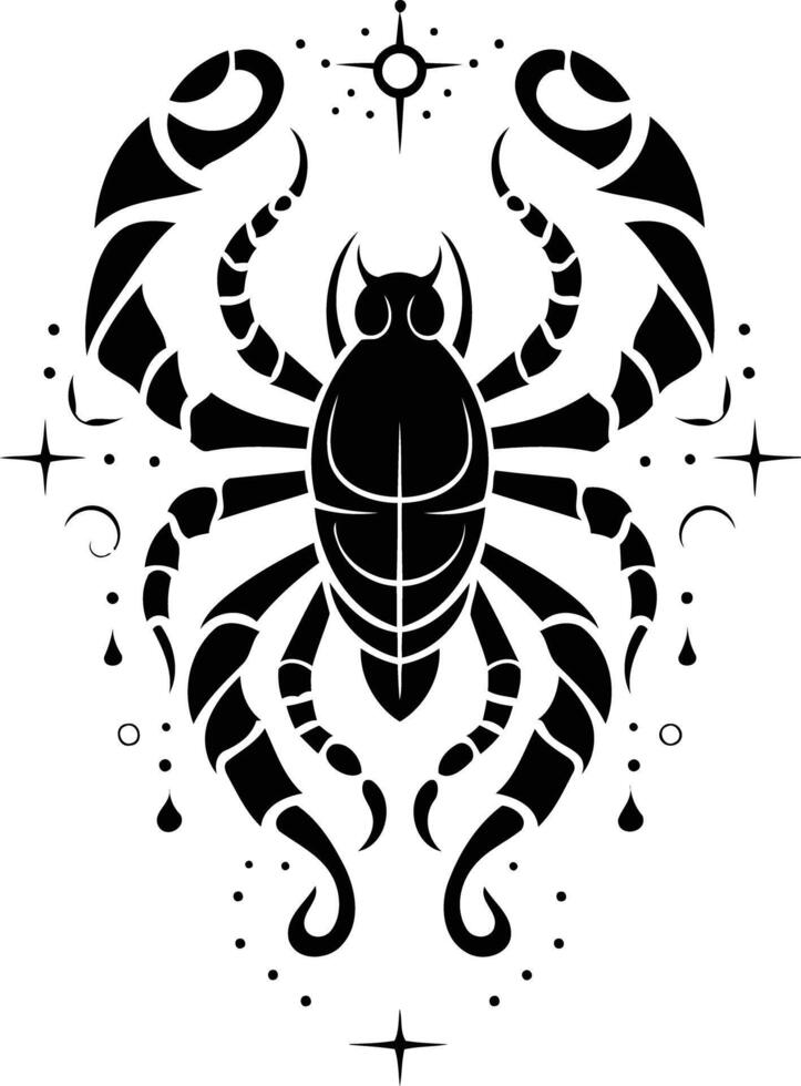A stylized scorpion illustration in a black and white design with celestial accents vector