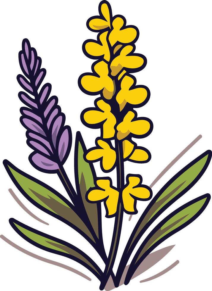 A cheerful illustration of a simple bouquet with purple and yellow flowers vector