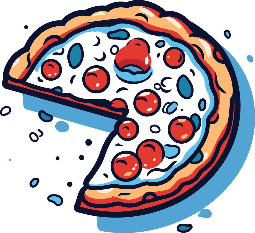 A playful illustration of a pizza with a slice missing, perfect for representing a cheesy, delicious food experience vector