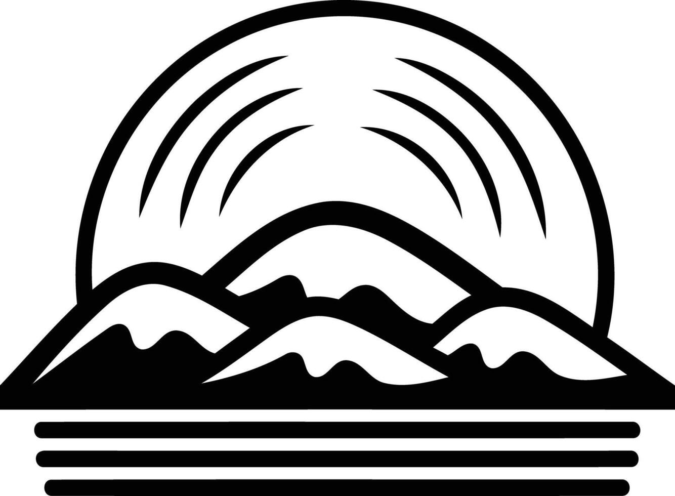 A minimalist logo design featuring a stylized mountain range under a rising sun vector