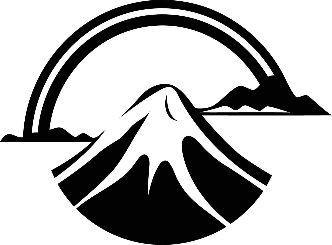 A minimalist black and white logo featuring a mountain peak with a rainbow arc above it vector