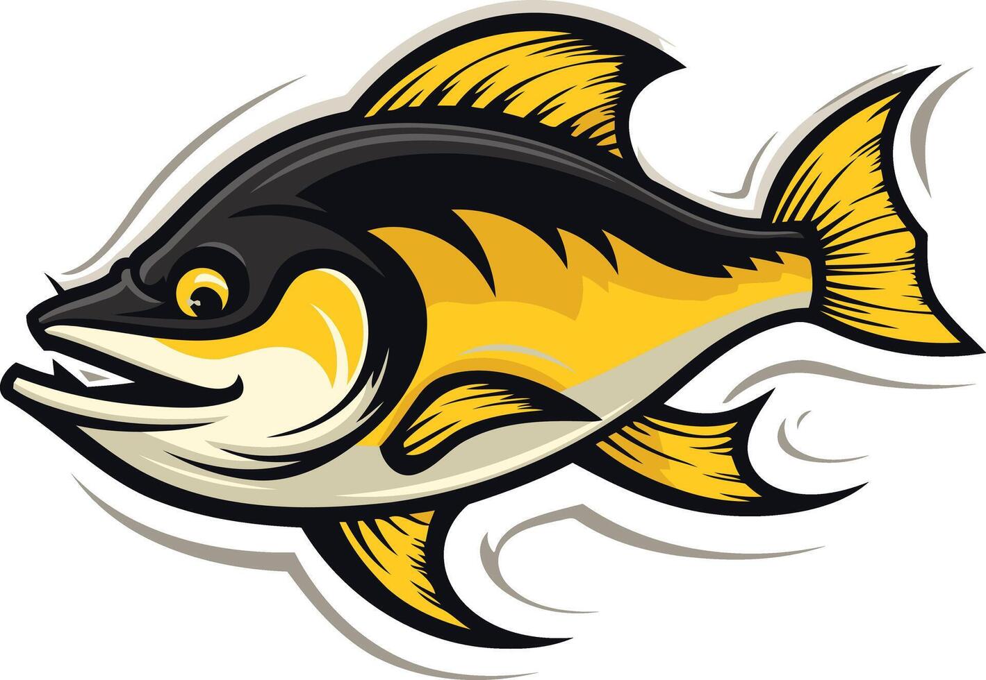 A friendly cartoon fish with a yellow and black color scheme, perfect for branding a fishing business or creating fun merchandise vector
