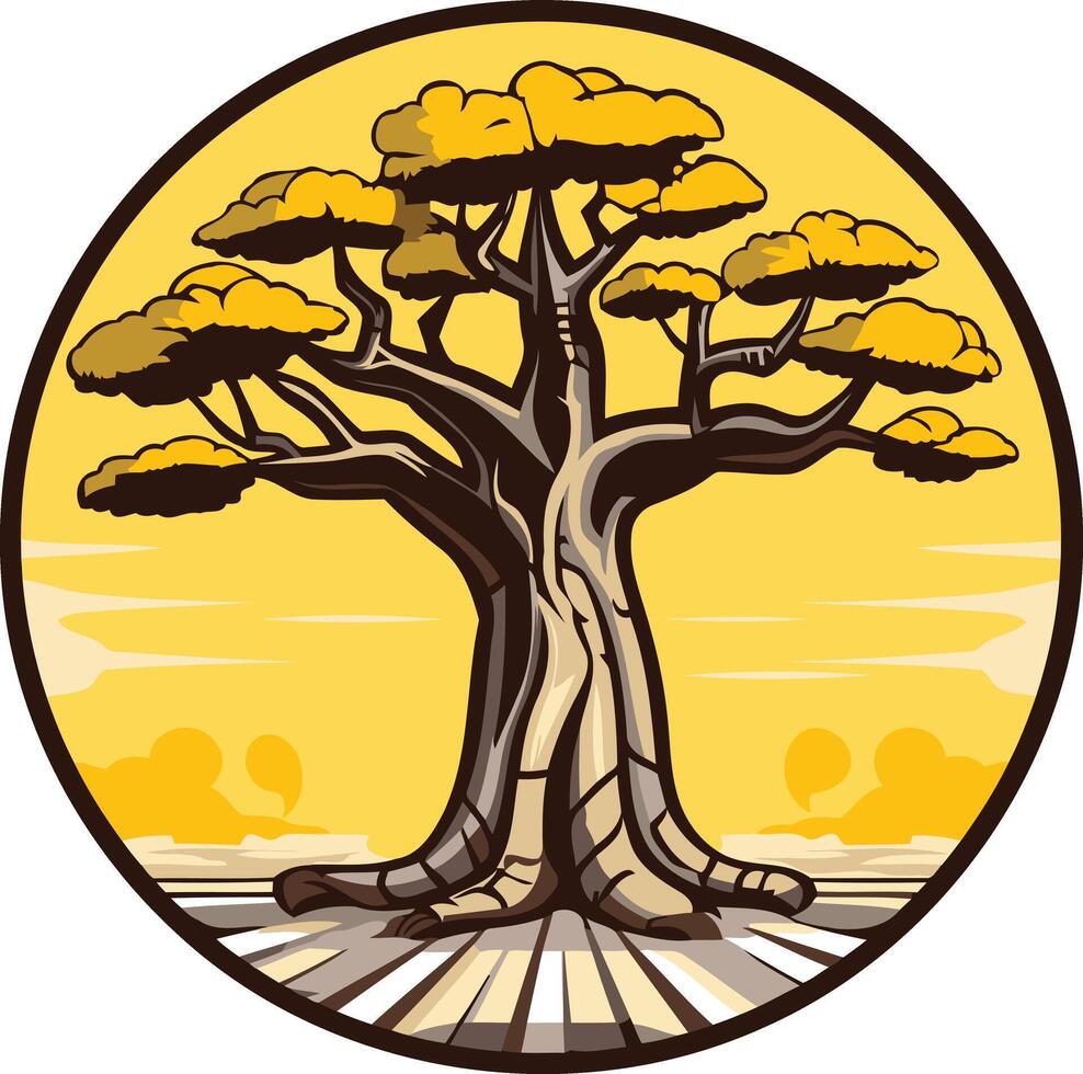 A stylized illustration of a majestic baobab tree with a thick trunk and spreading branches, set against a sunset sky vector
