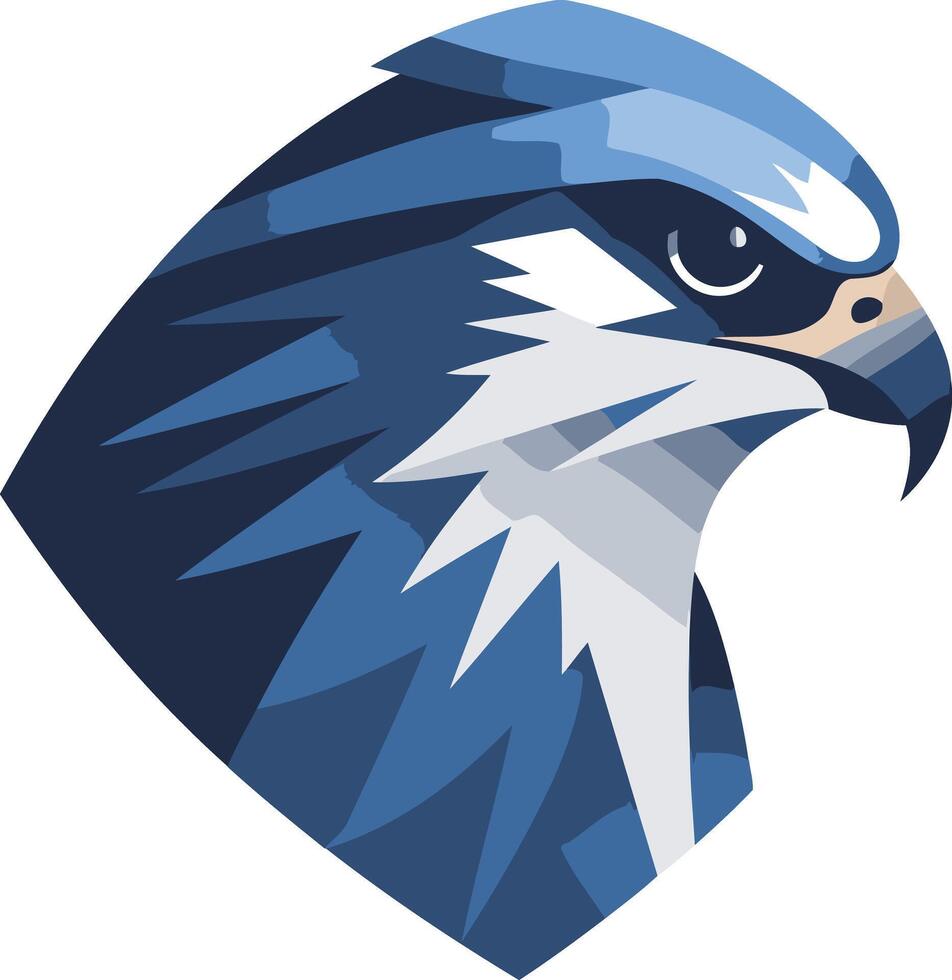 A striking, geometric illustration of a falcon's head, with sharp angles and bold blue and white tones vector