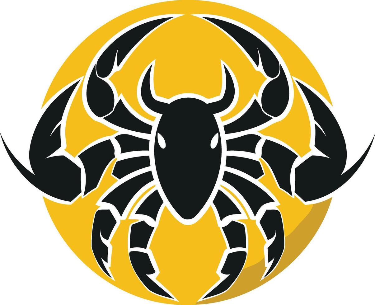 A bold, stylized scorpion silhouette in black against a bright yellow circle vector