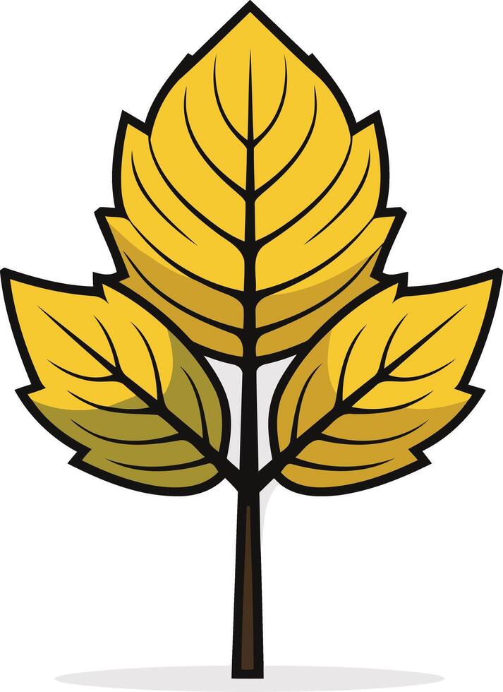 Simple cartoon illustration of a yellow leaf with a brown stem, perfect for use in autumn-themed designs, branding, and social media vector