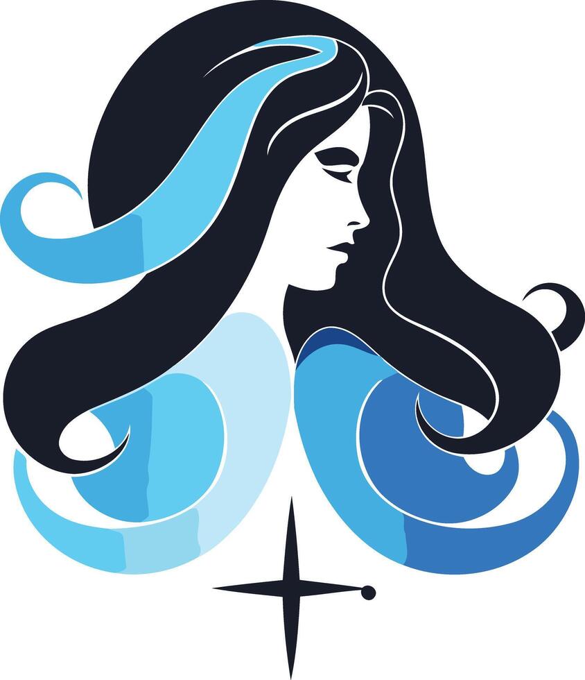 Abstract logo of a woman's silhouette with flowing hair and a star, perfect for beauty, fashion, and spiritual brands vector