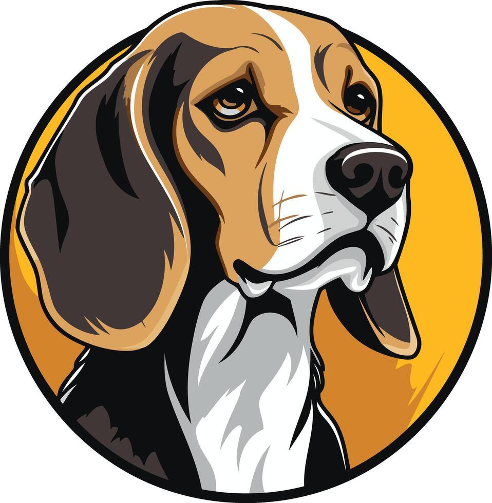 A cute beagle with big eyes, brown fur, and a black nose is drawn in a cartoon style against a yellow background vector