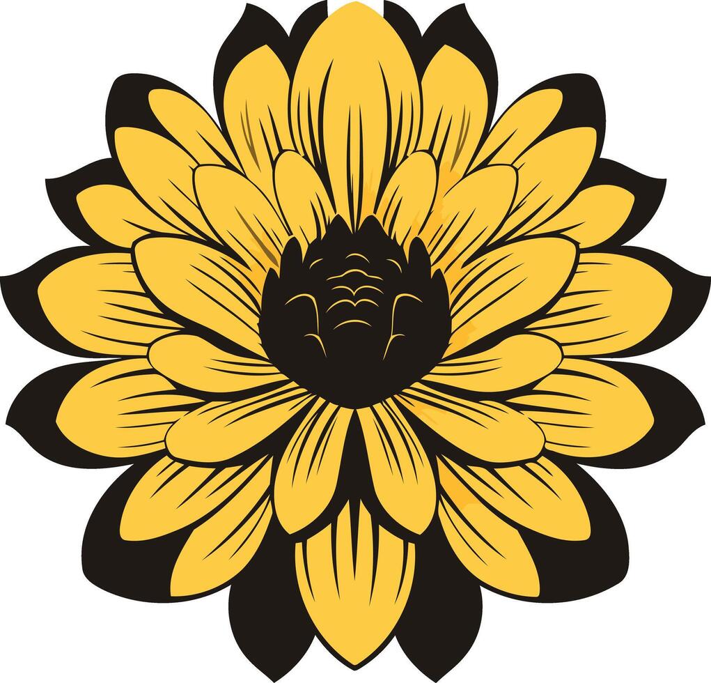 A bold and graphic illustration of a stylized sunflower with a black center and yellow petals vector
