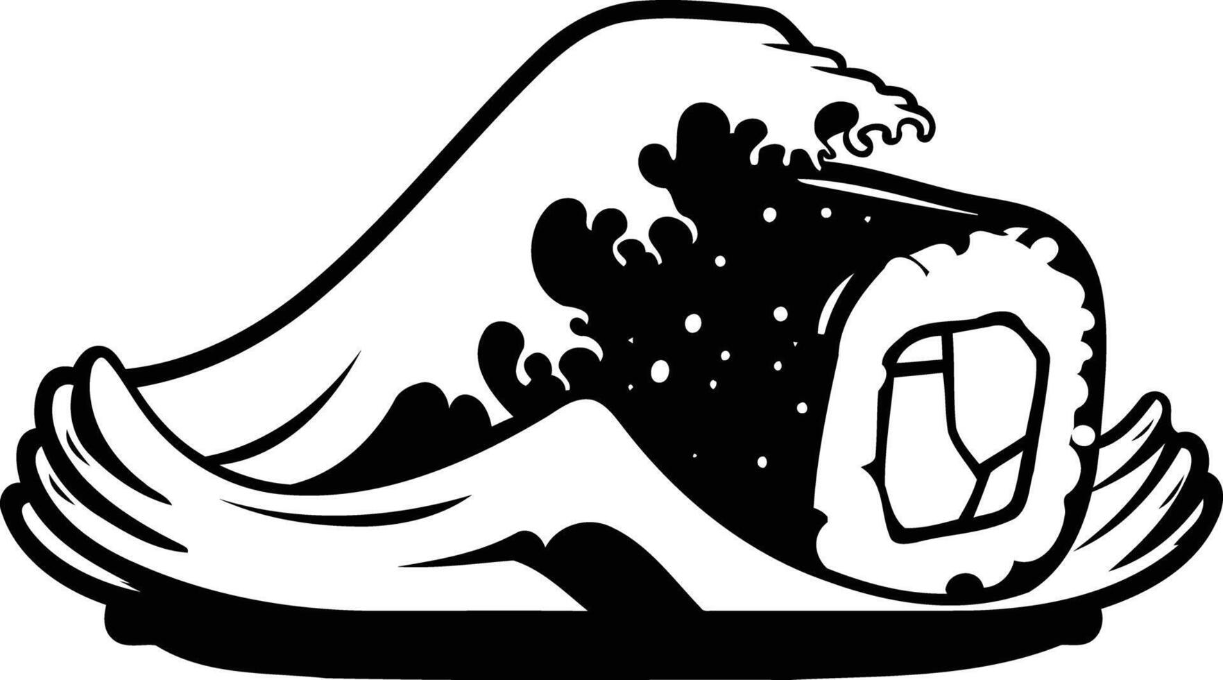 A bold and graphic illustration of a sushi roll engulfed by a stylized wave, perfect for food blogs, social media, and tattoo designs vector