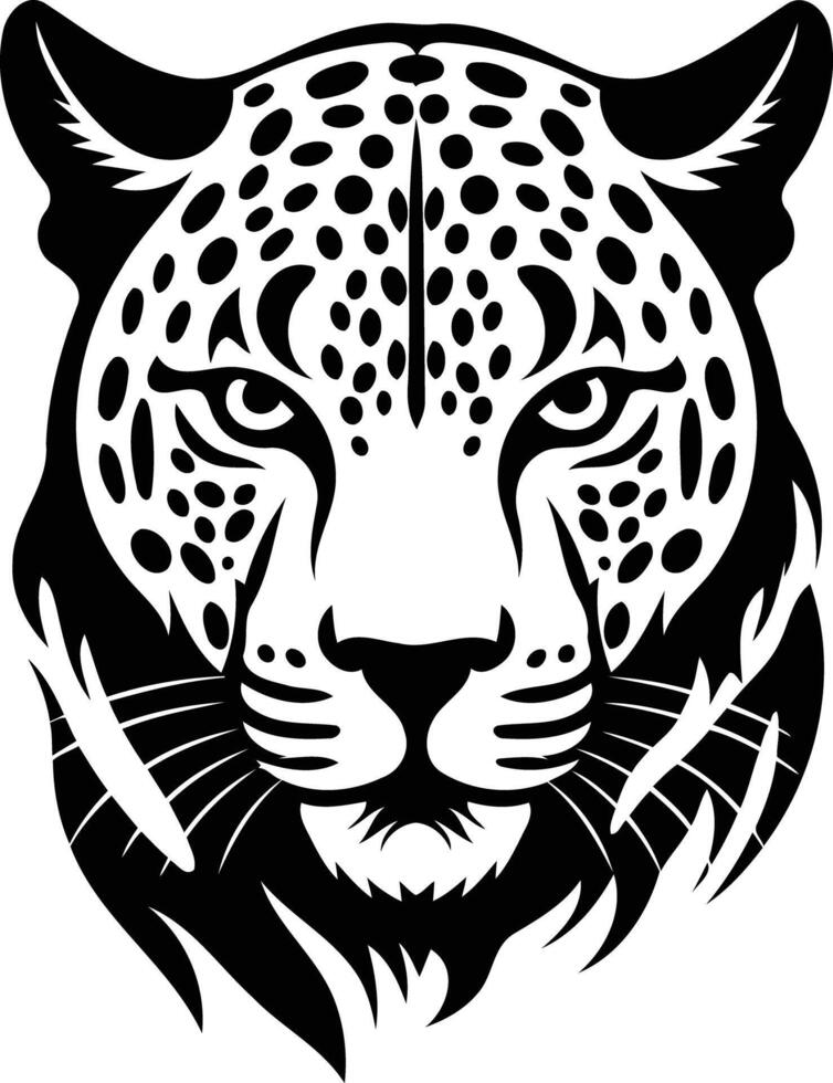 Black and white illustration of a fierce leopard head in a bold and powerful style, perfect for tattoo designs, branding, or any project requiring a strong animal motif vector