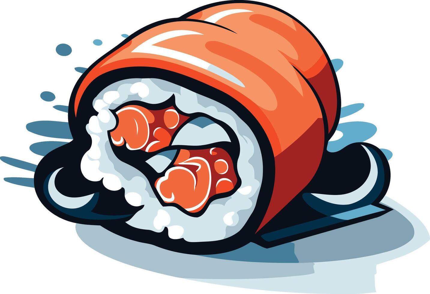 A cartoon-style illustration of a delicious sushi roll with salmon, perfect for menus, restaurant branding, and social media vector