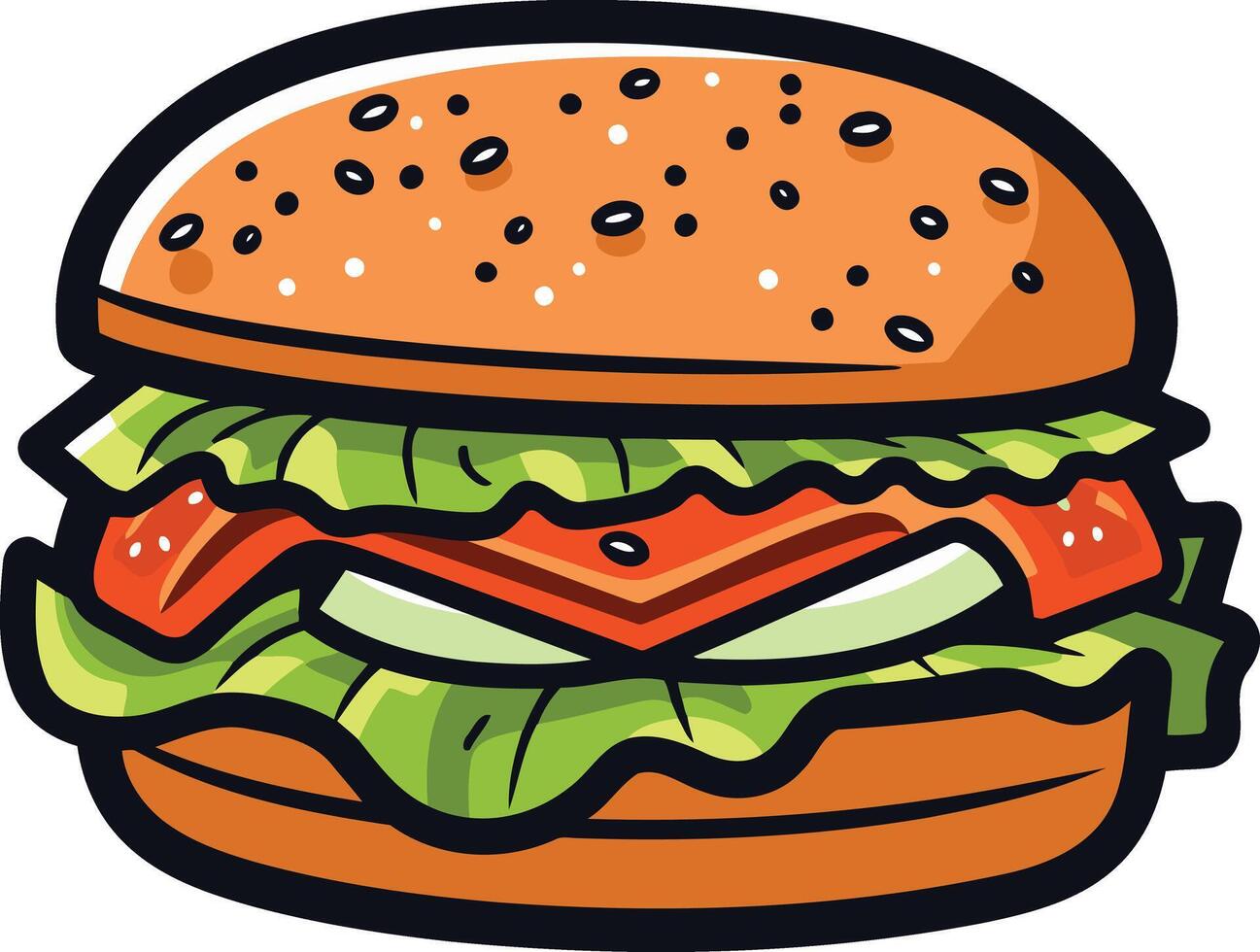 Cartoon illustration of a juicy hamburger with lettuce and tomato vector