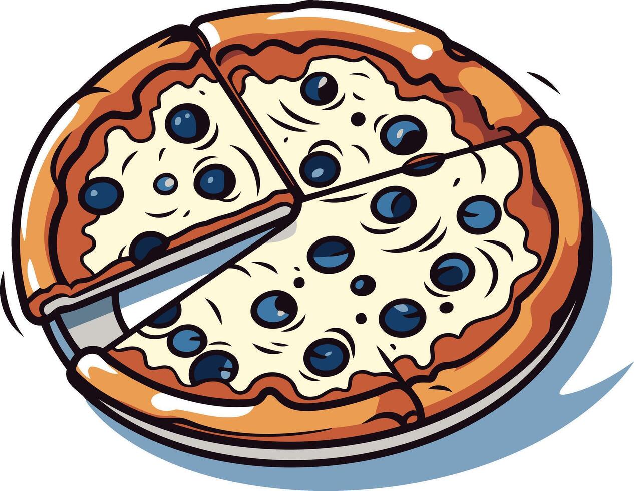 A cartoon illustration of a delicious blueberry pizza with a slice missing, perfect for menus, food blogs, and social media vector