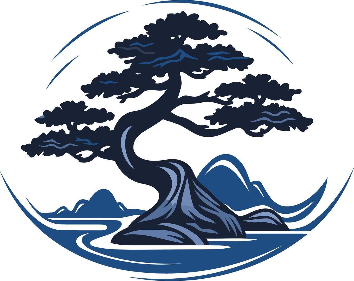 A stylized bonsai tree with intricate branches, set against a background of stylized hills and water vector