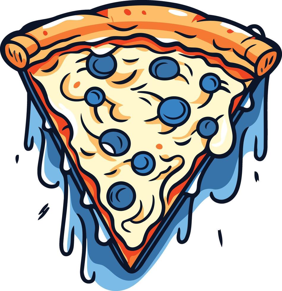 A cartoon slice of pizza with blueberries, dripping with cheese and sauce vector