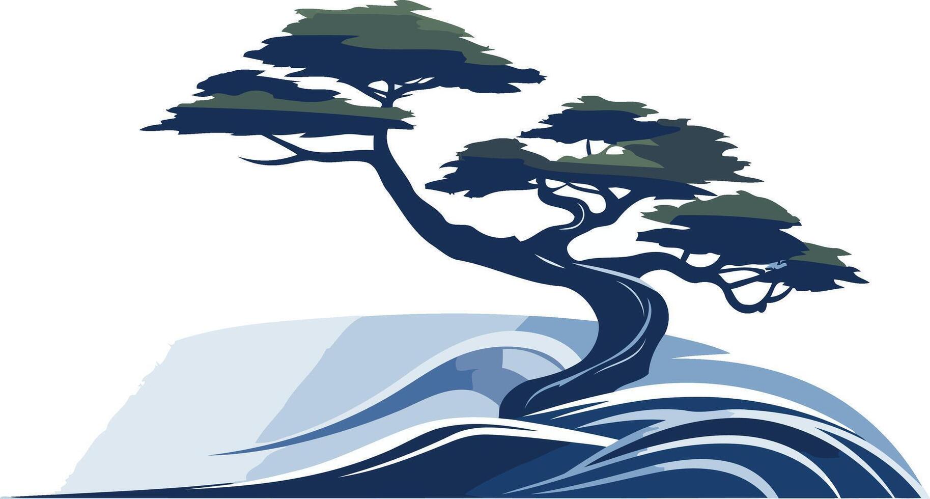 A stylized illustration of a lone tree with its roots submerged in waves, representing resilience and growth amidst challenges vector