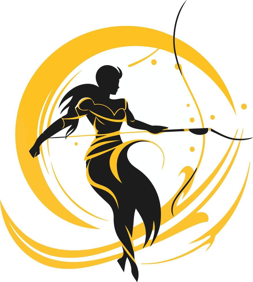 A powerful silhouette of a female archer, set against a dynamic yellow swirl vector