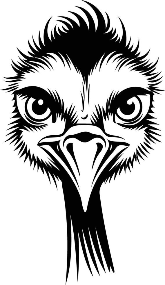 A bold and striking black and white illustration of an ostrich's head, perfect for tattoo design, t-shirt prints, and branding vector