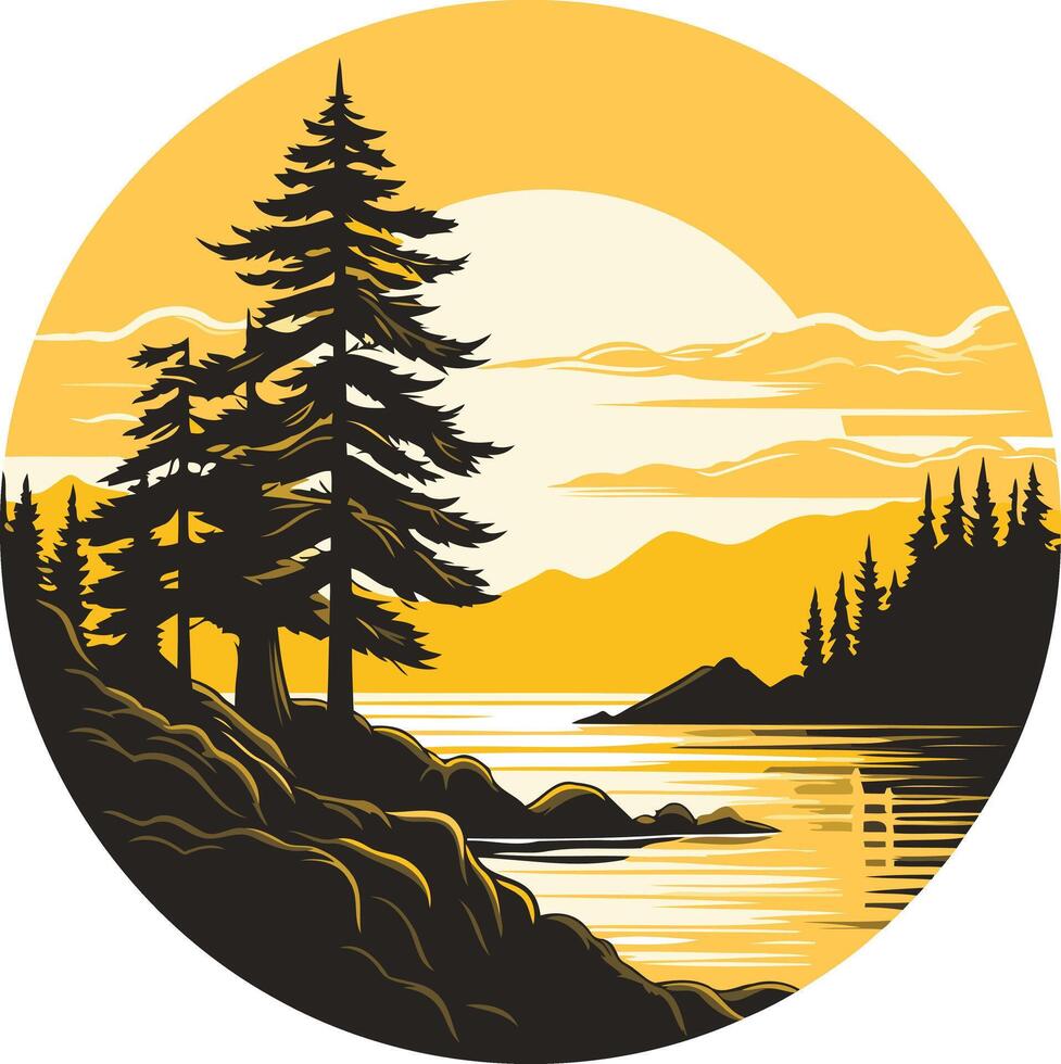 Silhouette of a Lake Landscape at Sunset vector