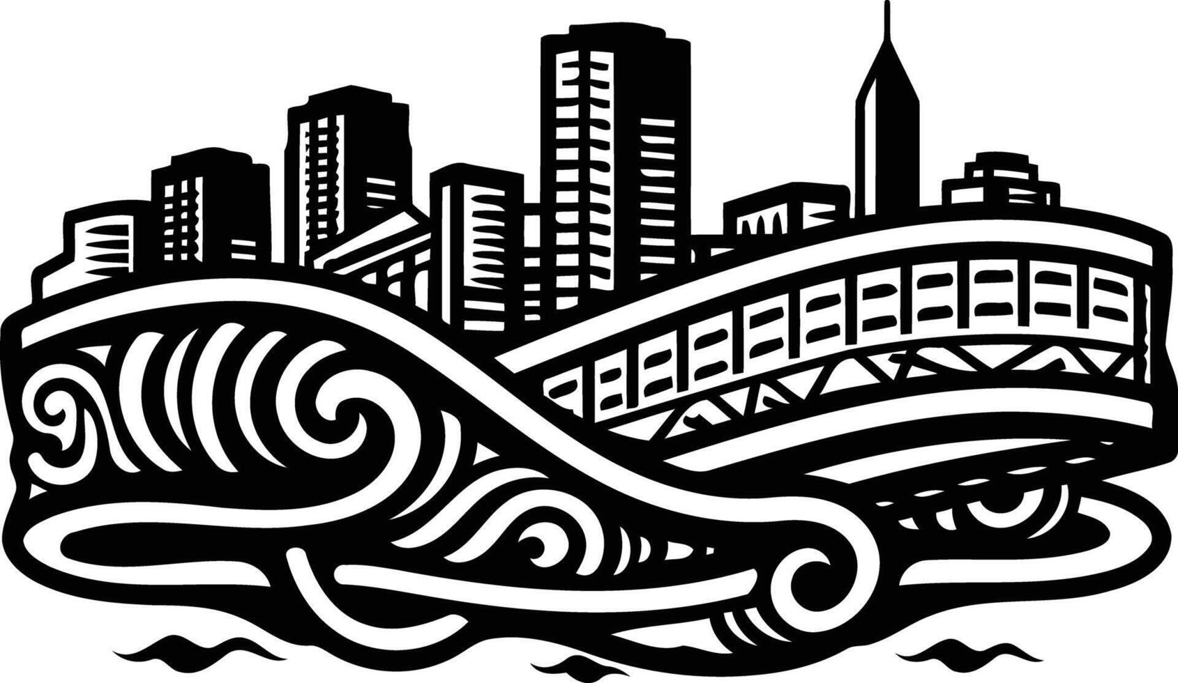 A unique and artistic black and white illustration of a city skyline with a decorative wave motif vector