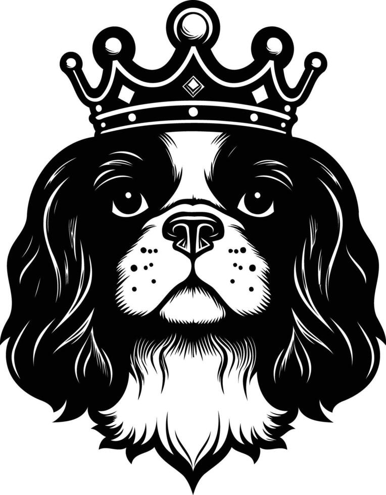 A regal cavalier king charles spaniel with a crown, in a classic black and white illustration vector